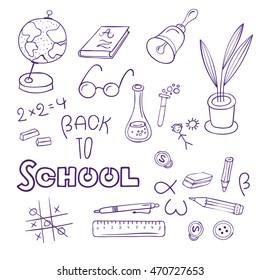 set hand drawn illustrations of school life and study