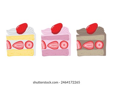 Conjunto de ilustraciones dibujadas a mano de tres pasteles de esponja de fresa de color crema