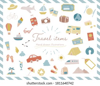 Set of hand drawn illustrations of travel items