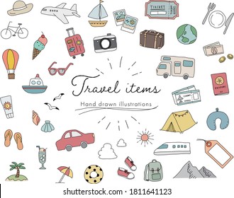 Set of hand drawn illustrations of travel items