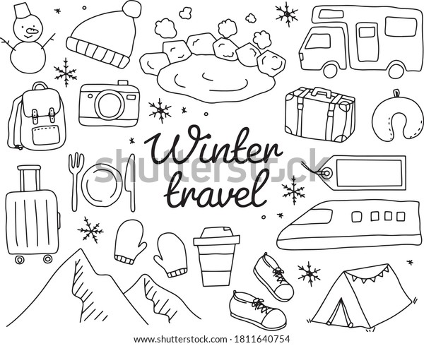 Set of hand\
drawn illustrations of travel\
items