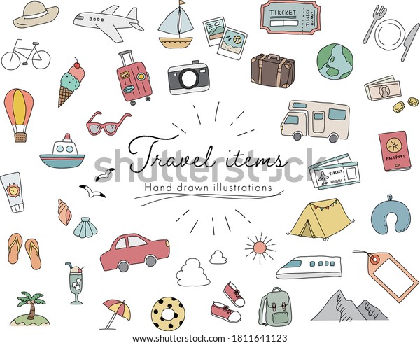 Set of hand\
drawn illustrations of travel\
items
