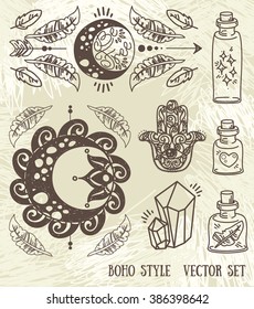 set of hand drawn illustrations in tribal illustration, magical vector set