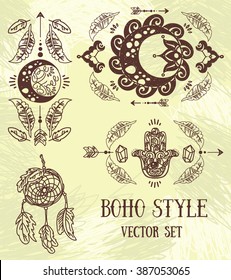 set of hand drawn illustrations in tribal illustration, magical vector set
