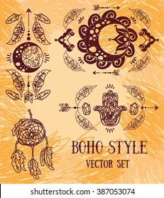 set of hand drawn illustrations in tribal illustration, magical vector set