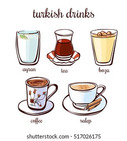 Set of hand drawn illustrations of turkish drinks ayran, boza, salep, coffee and tea. Collection of vector elements of traditional hot and cold drinks in authentic glass and cup. 