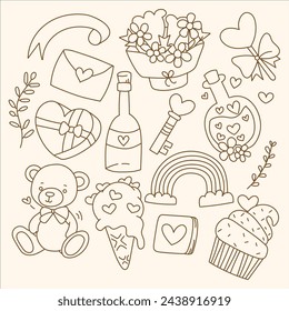 set of hand drawn illustrations valentine's day, stroke collection, hand drawn sticker