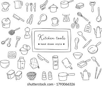 Set of hand drawn illustrations of various kitchen utensils