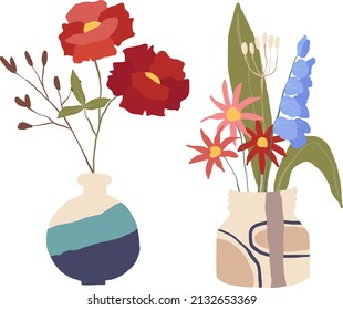 Set of Hand Drawn Illustrations - vases and spring flowers, home decor, flower bouquets, elegant floral arrangements.