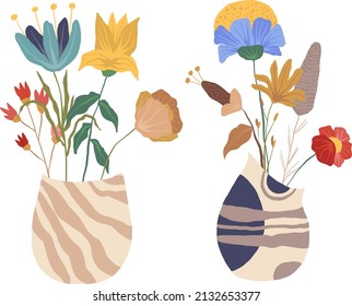Set of Hand Drawn Illustrations - vases and spring flowers, home decor, flower bouquets, elegant floral arrangements.