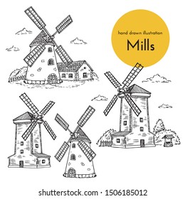 set of hand drawn illustrations of windmills. sketches for the design of cafes, restaurants, food packages. bread collection