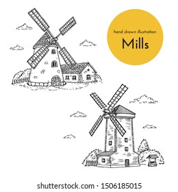 set of hand drawn illustrations of windmills. sketches for the design of cafes, restaurants, food packages. bread collection