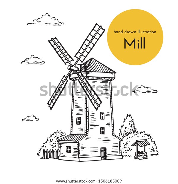 Set Hand Drawn Illustrations Windmills Sketches Stock Vector (Royalty ...