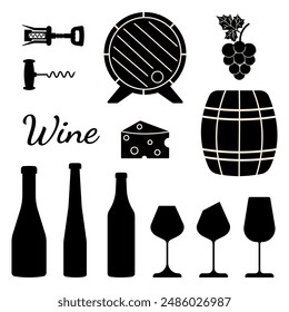Set of hand drawn illustrations for wine. Silhouettes of restaurant drinks and snacks. Vector illustration of Barrel, corkscrew, grapes and cheese isolated on white background.