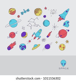 set of hand drawn images of planets, stars and other space objects