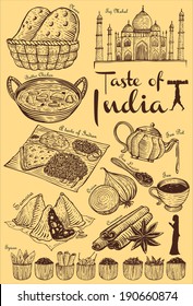 Set of hand drawn Indian food and ingredients