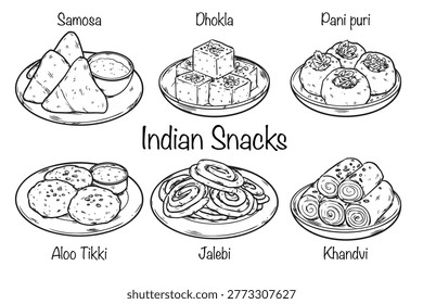 Set of hand drawn Indian snacks outline drawing illustration