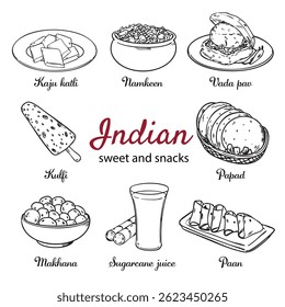Set of hand drawn Indian sweet and snack outline drawing illustration
