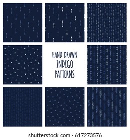 Set of hand drawn indigo blue patterns. Seamless vector native american backgrounds with triangles and arrows.