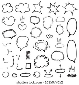 Set of hand drawn infographic elements. Many speech bubbles. Abstract speech bubble on white. Different circles and arrows. Black and white illustration