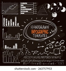 Set of hand drawn infographic templates + font and arrows.