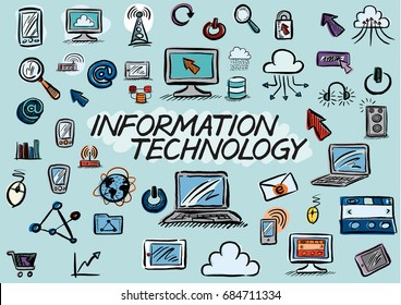 A set of hand drawn Information Technology related doodles in a loose, colorful style