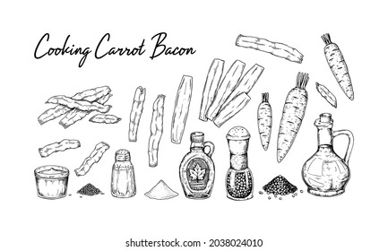 Set of hand drawn ingredients for cooking carrot bacon at home. Vector illustration in sketch style