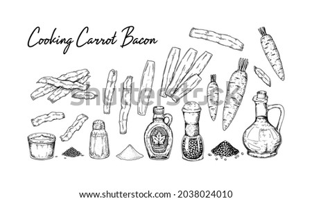 Set of hand drawn ingredients for cooking carrot bacon at home. Vector illustration in sketch style