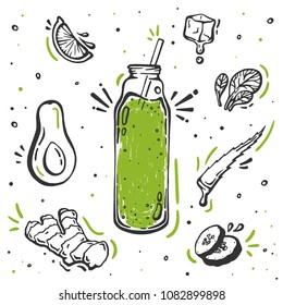 Set of hand drawn ingredients for smoothie or detox drink in the bottle in doodle vector style