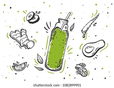 Set of hand drawn ingredients for smoothie or detox drink in the bottle in doodle vector style