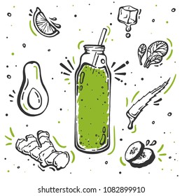 Set Of Hand Drawn Ingredients For Smoothie Or Detox Drink In The Bottle In Doodle Vector Style