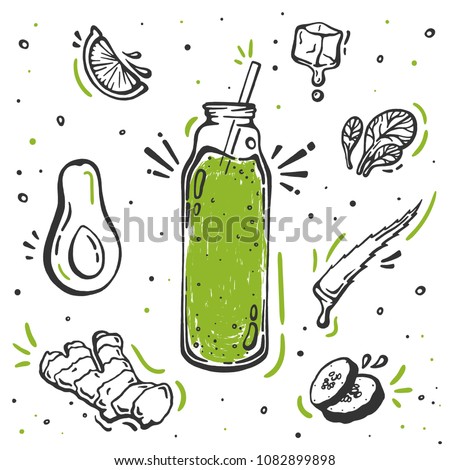 Set of hand drawn ingredients for smoothie or detox drink in the bottle in doodle vector style