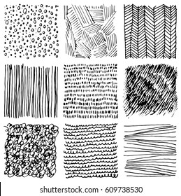 Set of hand drawn ink backgrounds. Simple vector scratchy patterns with dots, stripes, waves. Freehand textures for fabric, print, design.