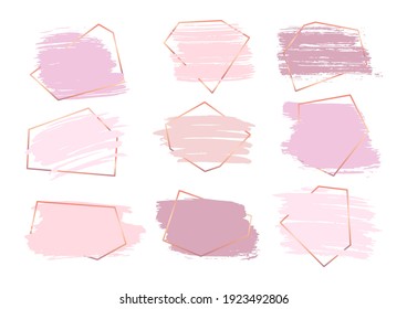 Set of hand drawn ink brush strokes with rose gold frame. Stamp label for artistic design. Grunge texture, dirty banners and text boxes. Abstract lines pink colors paint. Isolated vector illustration