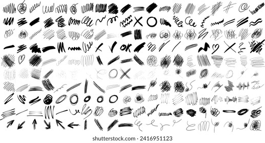 set of hand drawn ink brush strokes. Grunge scrawls, charcoal scribbles, rough brush strokes, underlines and circles. Bold charcoal freehand stripes and ink shapes. Crayon or marker scribbles. 