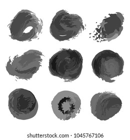 Set of hand drawn ink circles. Decorative elements blots. Black spot. Isolated on white background. Vector illustration.