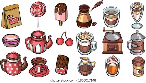 Tinta dibujada a mano y lápices de colores para una acogedora fiesta de té de otoño. Elementos cortos para el diseño de patrones
