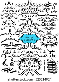 Set of hand drawn ink decorative elements for page and text design. Flourishes, swirls, curves, loops, dividers, headers.