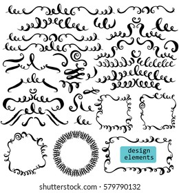 Set of hand drawn ink decorative elements for page and text design. Flourishes, swirls, curves, loops, dividers, headers, round and square frames.