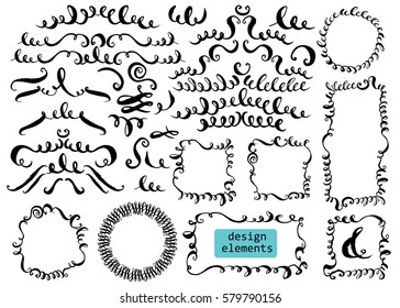 Set of hand drawn ink decorative elements for page and text design. Flourishes, swirls, curves, loops, dividers, headers, round and square frames.
