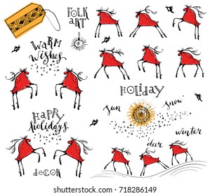 Set of hand drawn ink deers with red body in different poses for winter holidays decoration, card, gift tags. Running deer, ornamental sun, snowflakes.