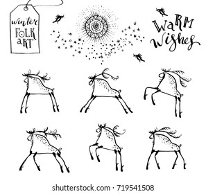 Set of hand drawn ink deers in different poses for winter holidays decoration, card, gift tags. Running deers, ornamental sun, snowflakes.