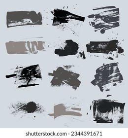 Set of hand drawn ink design elements. High quality textured realistic sponge stamps, dry brush marks, splatter sprinkles, pastel pencil textures. Grunge vector artistic brushstroke design elements.