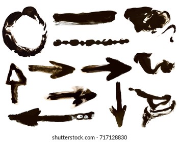 Set with hand drawn ink design elements. Arrows, strokes, swirling