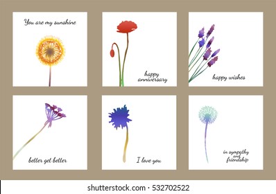 a set of  hand drawn ink flowers for minimalistic square greeting cards; vector illustration; graphic art; painted dandelion; red poppy; aster; simple posters