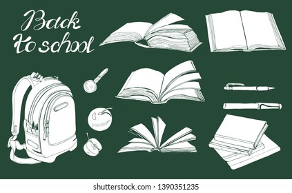 Set of  hand drawn ink and inverted  sketch with books, sсhool items and lettering. White elements on dark green background. 