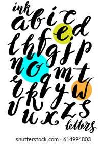 Set of hand drawn ink letters alphabet. English lowercase brush script font. Vector lettering design. 