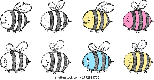 Set of hand drawn ink line bees.