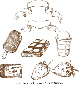 Set of hand drawn ink pen sketch style ice cream, chocolate and strawberries .Retro banner with lettering, cone and chocolate ice cream. 