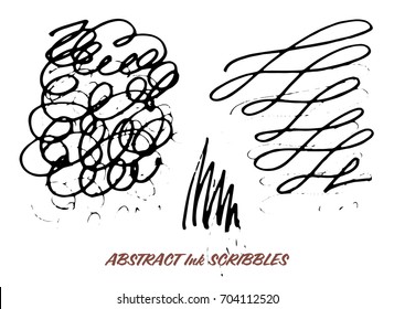 Set of hand drawn ink pen swirly scribbles. Isolated grunge design elements